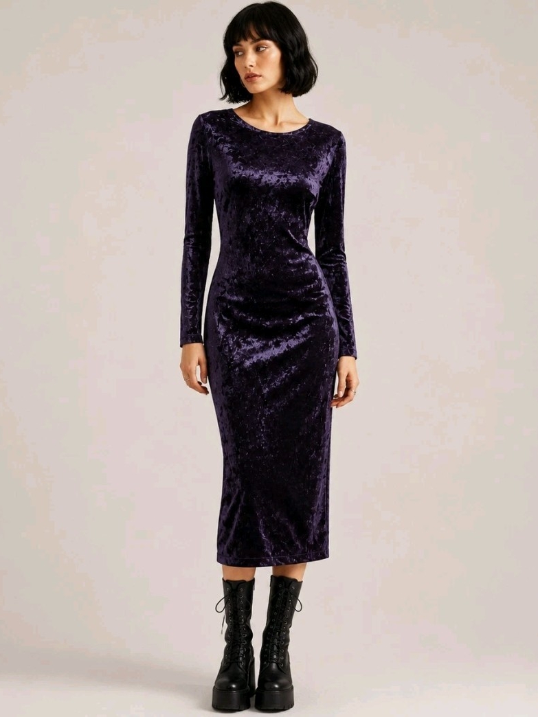 Vintage 90s Purple Crushed Velvet Dress Midi Stretch Sz M Goth Whimsigoth Witchy